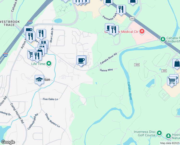 map of restaurants, bars, coffee shops, grocery stores, and more near 4924 Cahaba River Road in Vestavia Hills
