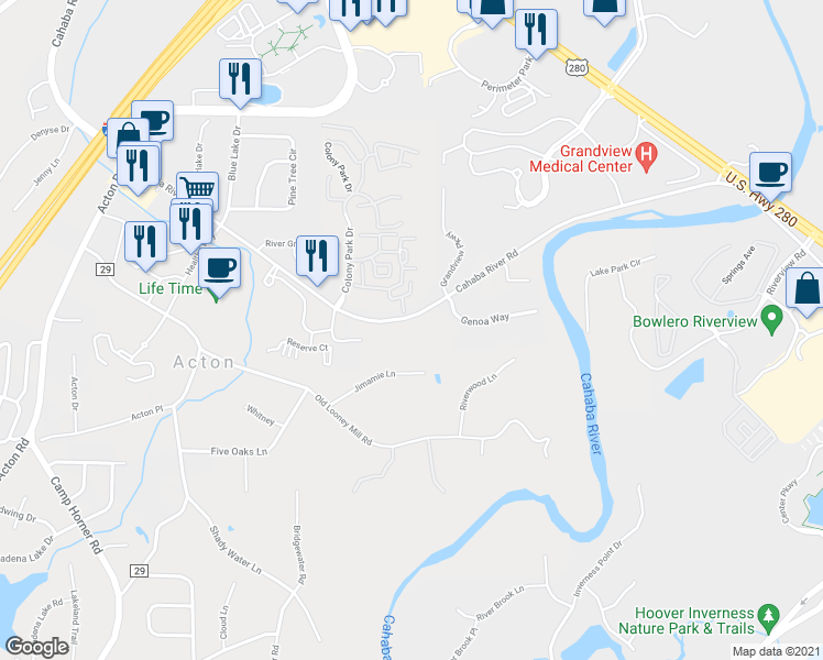 map of restaurants, bars, coffee shops, grocery stores, and more near 4928 Cahaba River Road in Vestavia Hills