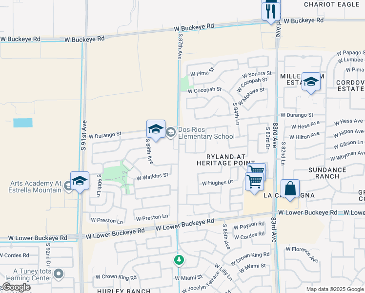map of restaurants, bars, coffee shops, grocery stores, and more near 2028 South 86th Lane in Tolleson