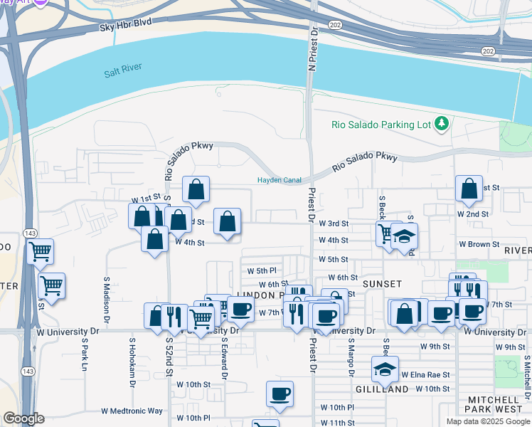 map of restaurants, bars, coffee shops, grocery stores, and more near 1510 W 3rd St in Tempe