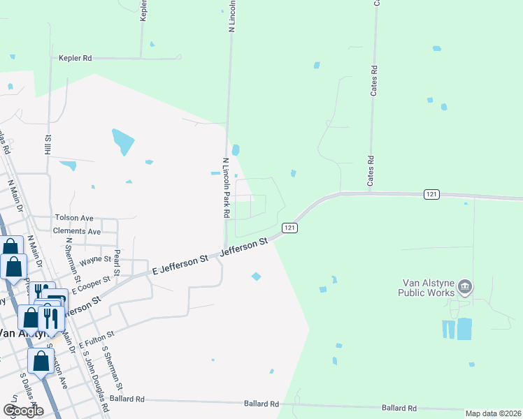 map of restaurants, bars, coffee shops, grocery stores, and more near 10571 Farm to Market 121 in Van Alstyne