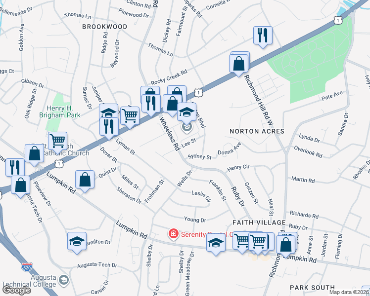 map of restaurants, bars, coffee shops, grocery stores, and more near 2554 Wheeless Road in Augusta