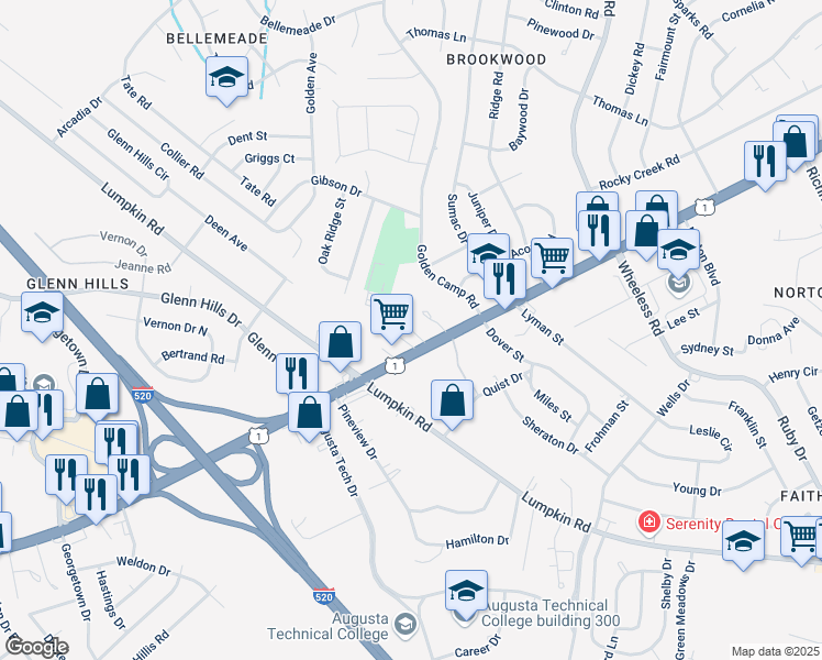 map of restaurants, bars, coffee shops, grocery stores, and more near 3085 Deans Bridge Rd in Augusta