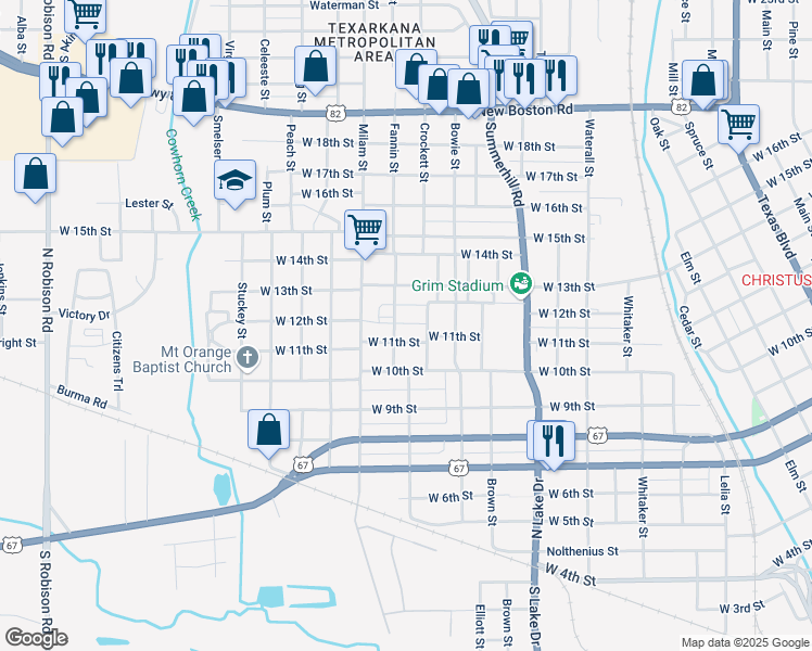 map of restaurants, bars, coffee shops, grocery stores, and more near 2000-2020 W 11th St in Texarkana