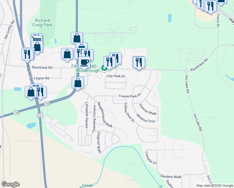 map of restaurants, bars, coffee shops, grocery stores, and more near 1955 Towne Park Drive in McDonough