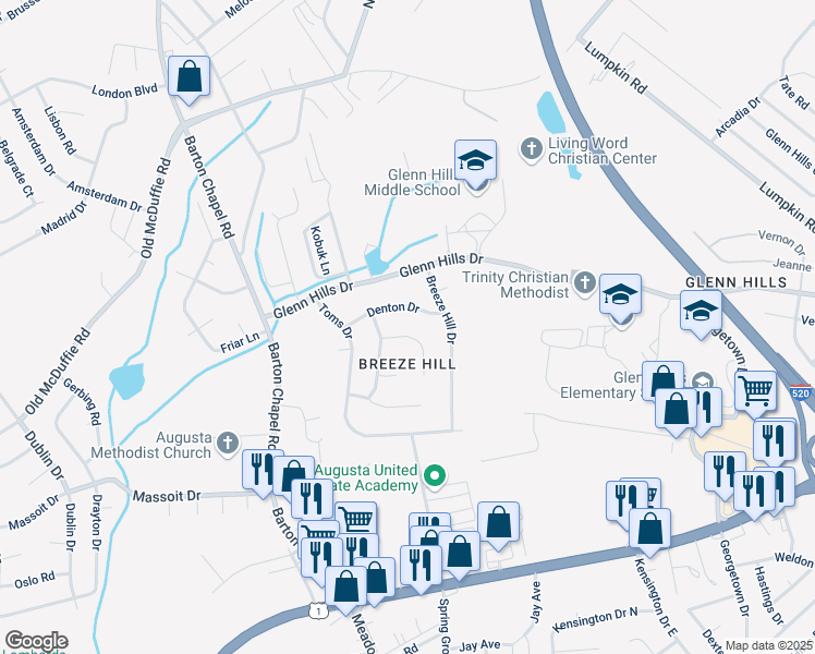 map of restaurants, bars, coffee shops, grocery stores, and more near 2506 Lennys Drive in Augusta