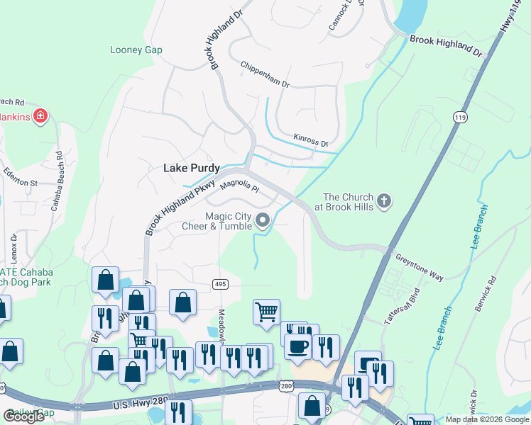 map of restaurants, bars, coffee shops, grocery stores, and more near 4513 Magnolia Drive in Birmingham