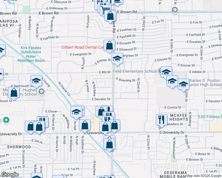 map of restaurants, bars, coffee shops, grocery stores, and more near 1938 East Des Moines Street in Mesa