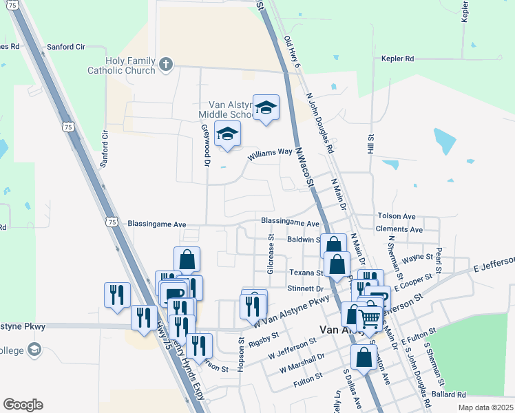map of restaurants, bars, coffee shops, grocery stores, and more near 517 Vawter Drive in Van Alstyne