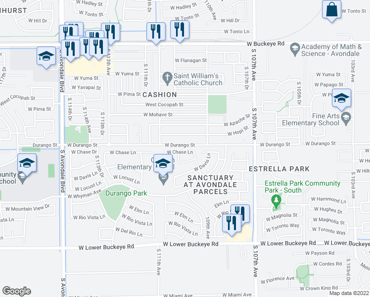 map of restaurants, bars, coffee shops, grocery stores, and more near 10918 West Chase Lane in Avondale
