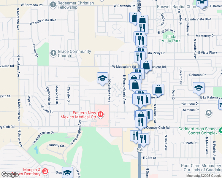 map of restaurants, bars, coffee shops, grocery stores, and more near 2642-2688 North Kentucky Avenue in Roswell
