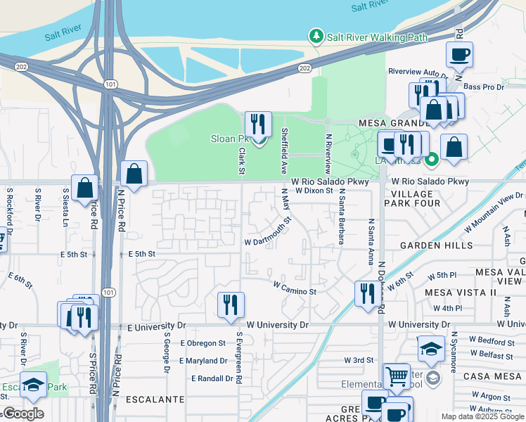 map of restaurants, bars, coffee shops, grocery stores, and more near 711 North Evergreen Road in Mesa
