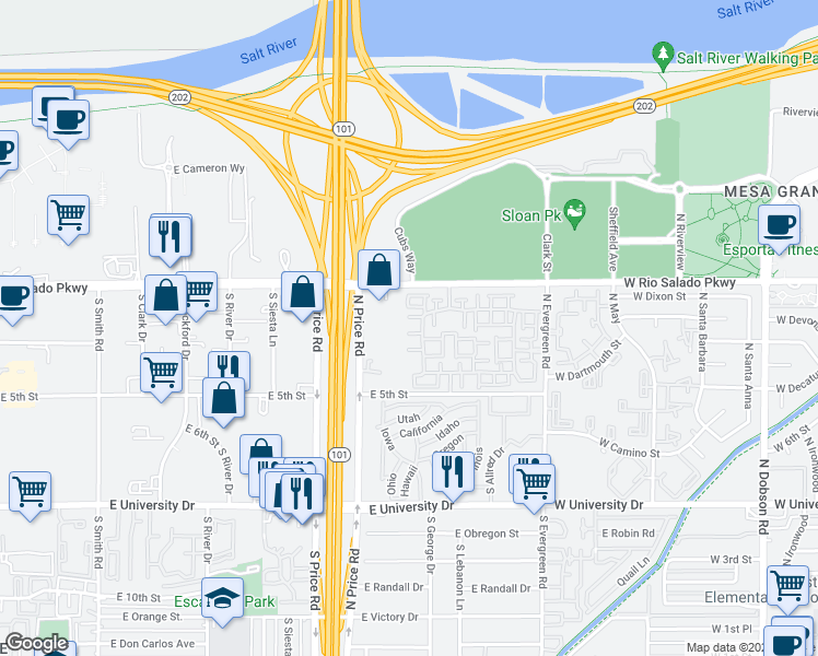 map of restaurants, bars, coffee shops, grocery stores, and more near 2401 East Rio Salado Parkway in Tempe