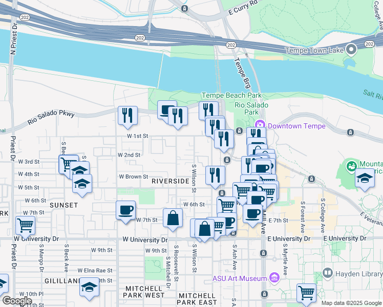 map of restaurants, bars, coffee shops, grocery stores, and more near 264 South Wilson Street in Tempe