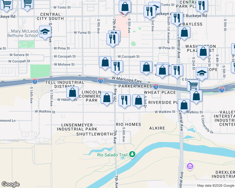 map of restaurants, bars, coffee shops, grocery stores, and more near 2142 South 6th Avenue in Phoenix