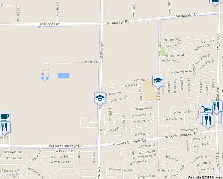 map of restaurants, bars, coffee shops, grocery stores, and more near 9010 West Hilton Avenue in Tolleson