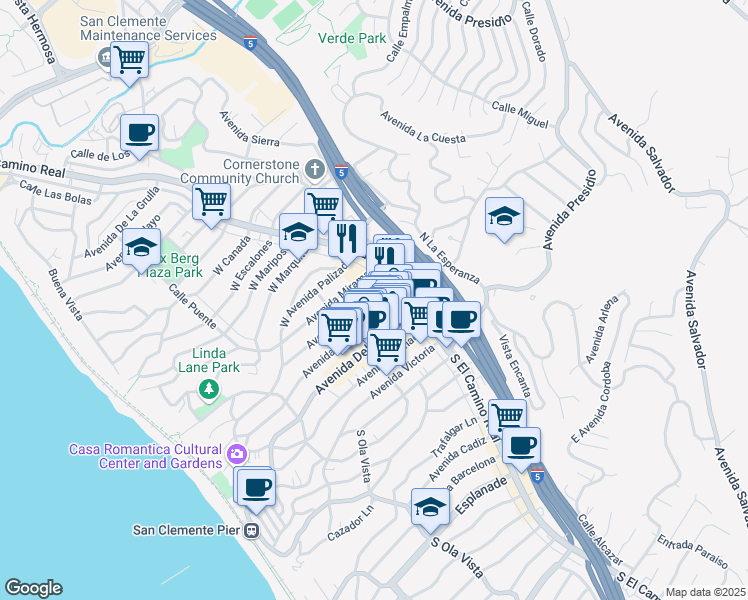 map of restaurants, bars, coffee shops, grocery stores, and more near 137 Avenida Serra in San Clemente