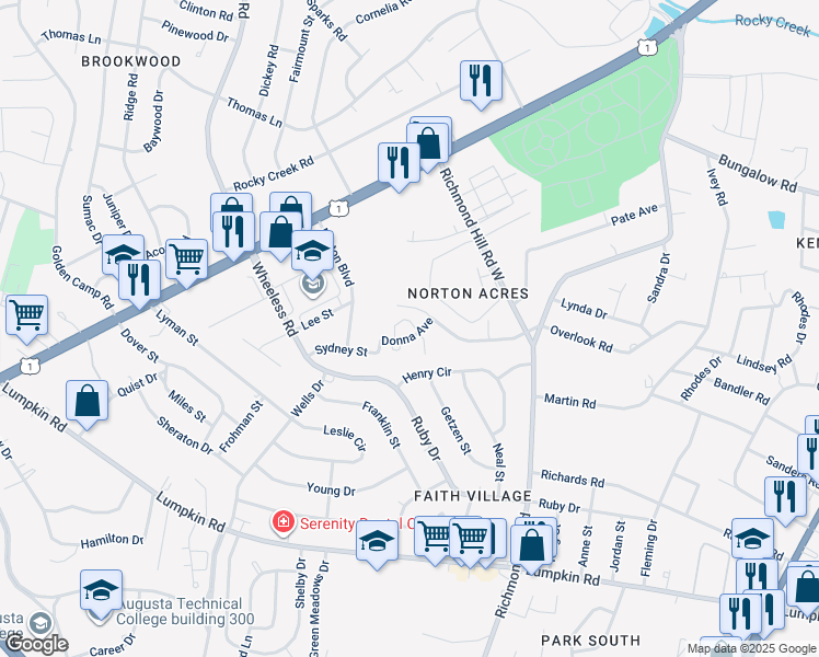 map of restaurants, bars, coffee shops, grocery stores, and more near Donna Avenue in Augusta
