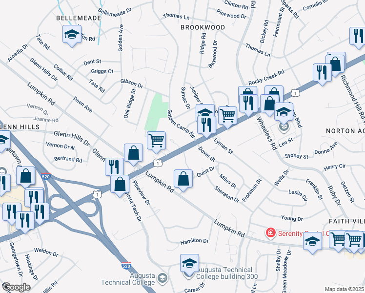 map of restaurants, bars, coffee shops, grocery stores, and more near 3073 Deans Bridge Road in Augusta