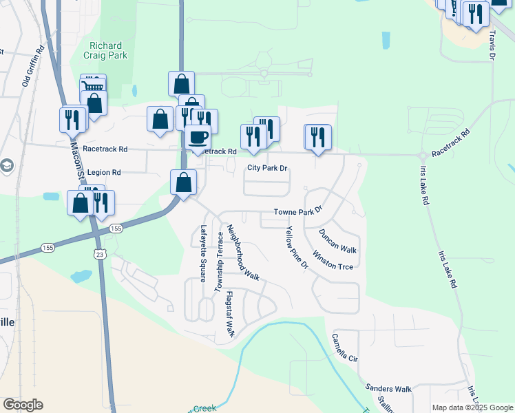 map of restaurants, bars, coffee shops, grocery stores, and more near 1910 Towne Park Drive in McDonough