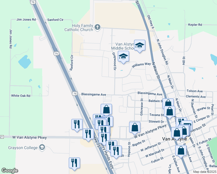 map of restaurants, bars, coffee shops, grocery stores, and more near North College Avenue in Van Alstyne