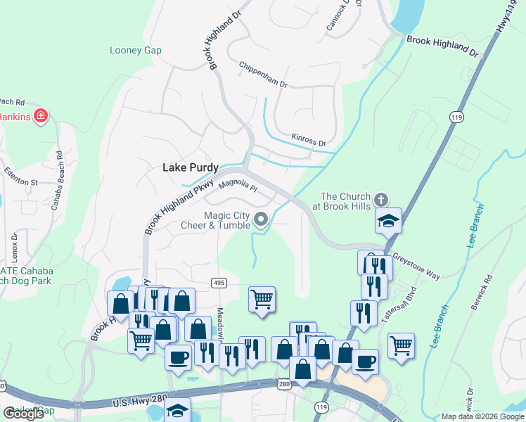 map of restaurants, bars, coffee shops, grocery stores, and more near 4513 Magnolia Drive in Birmingham