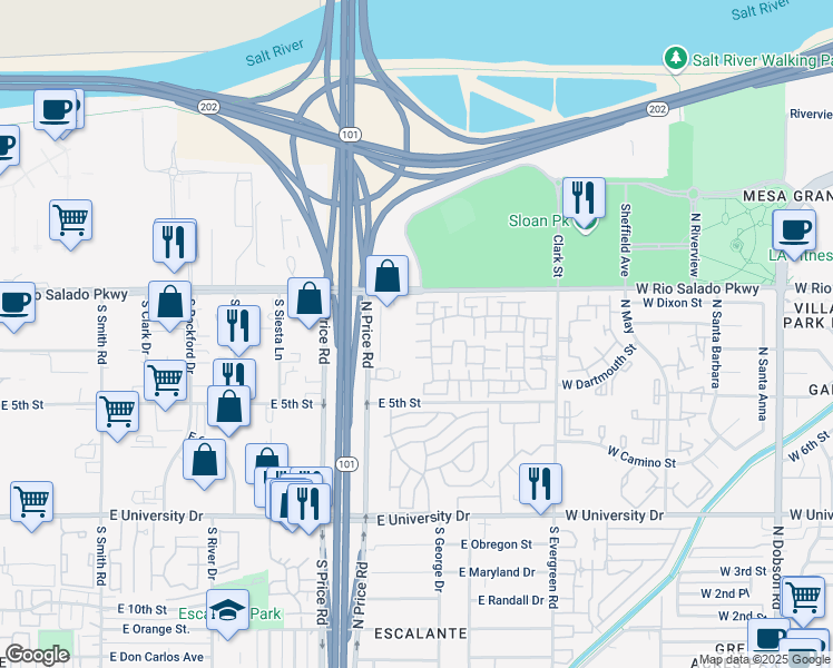 map of restaurants, bars, coffee shops, grocery stores, and more near 2401 East Rio Salado Parkway in Tempe