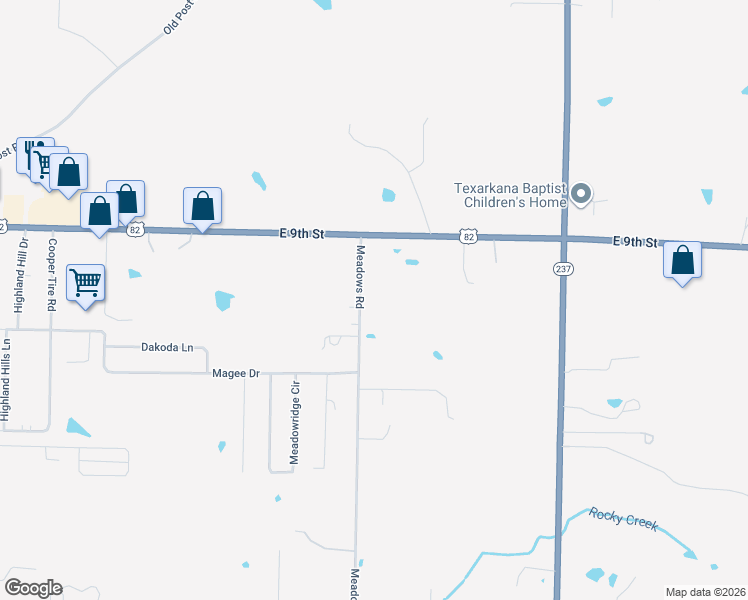 map of restaurants, bars, coffee shops, grocery stores, and more near 600 Meadows Road in Texarkana