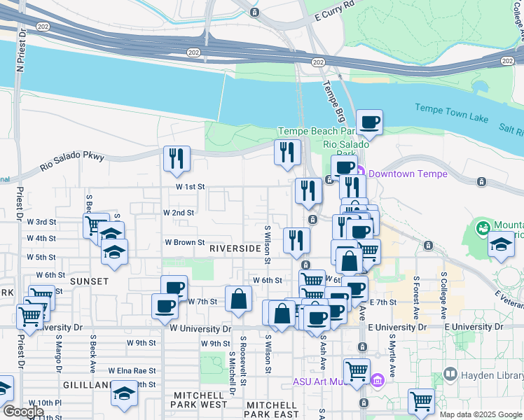 map of restaurants, bars, coffee shops, grocery stores, and more near 509 West 2nd Street in Tempe