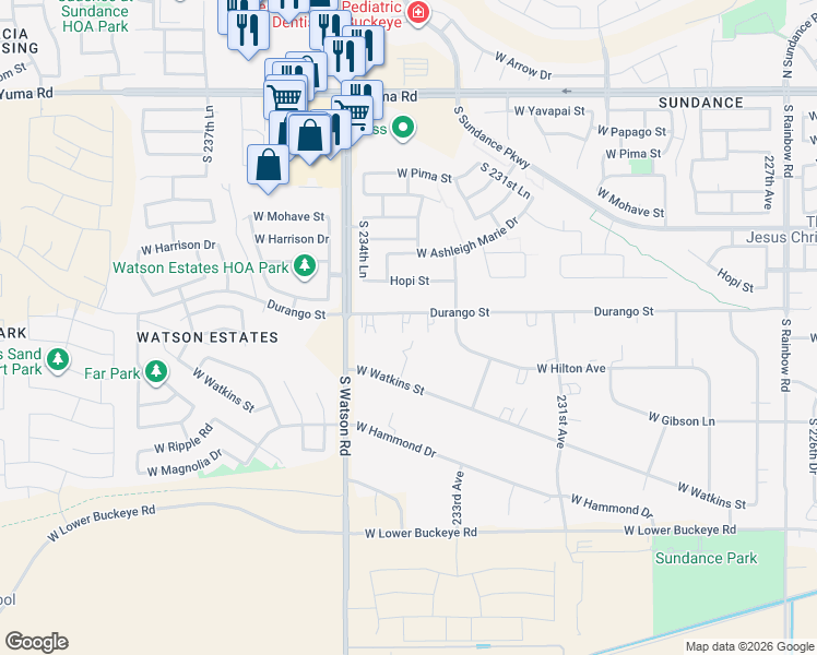 map of restaurants, bars, coffee shops, grocery stores, and more near 23406 West Watkins Street in Buckeye