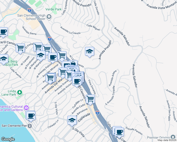 map of restaurants, bars, coffee shops, grocery stores, and more near 100 Avenida Presidio in San Clemente