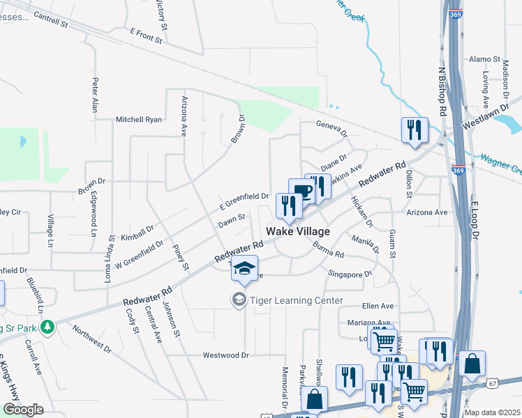 map of restaurants, bars, coffee shops, grocery stores, and more near 523 Redwater Road in Wake Village