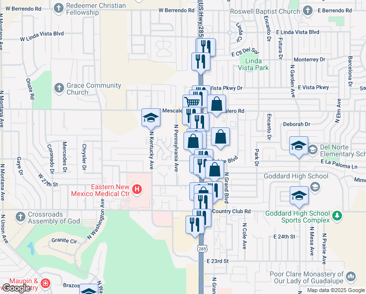 map of restaurants, bars, coffee shops, grocery stores, and more near 2725 North Pennsylvania Avenue in Roswell