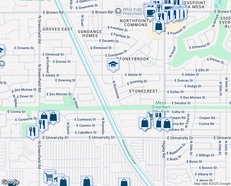 map of restaurants, bars, coffee shops, grocery stores, and more near 4850 East Dartmouth Circle in Mesa