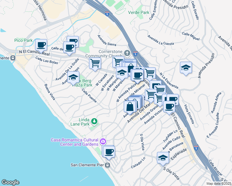 map of restaurants, bars, coffee shops, grocery stores, and more near 221 West Avenida Palizada in San Clemente