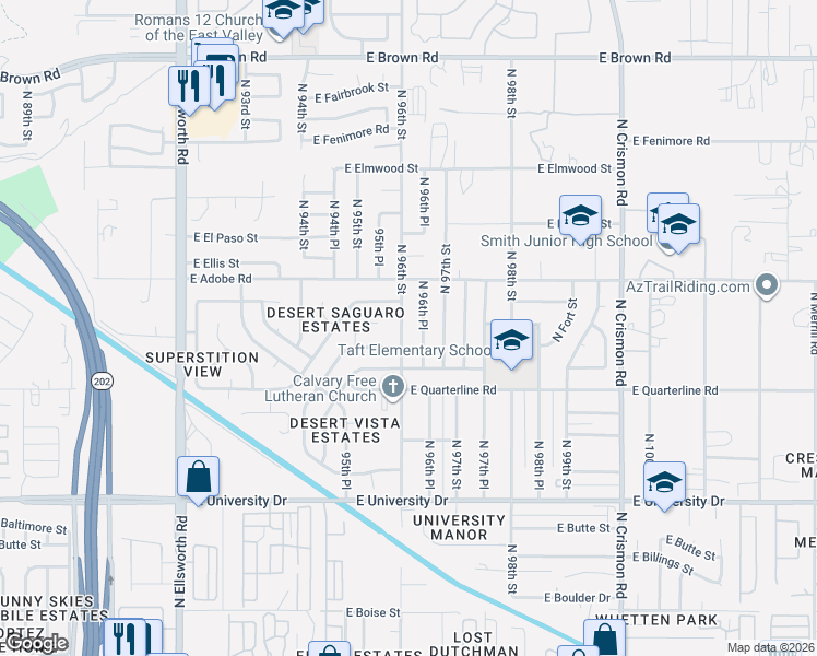 map of restaurants, bars, coffee shops, grocery stores, and more near 662 North 96th Street in Mesa