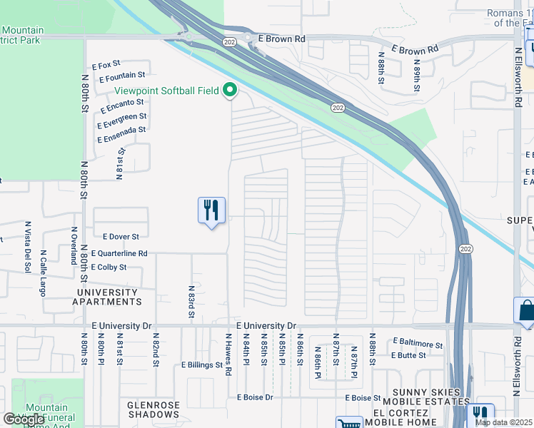 map of restaurants, bars, coffee shops, grocery stores, and more near Ln 4100 in Mesa