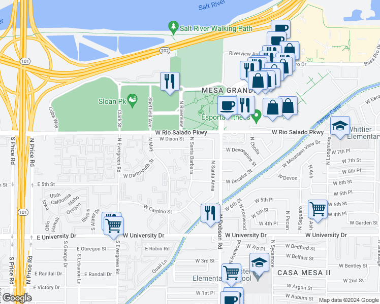 map of restaurants, bars, coffee shops, grocery stores, and more near West Village Park 2b Amd in Mesa
