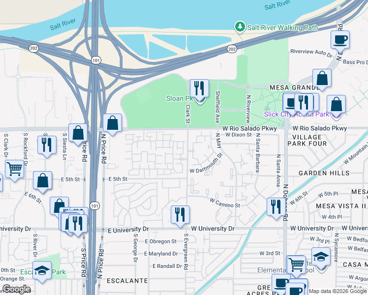 map of restaurants, bars, coffee shops, grocery stores, and more near 280 South Evergreen Road in Tempe