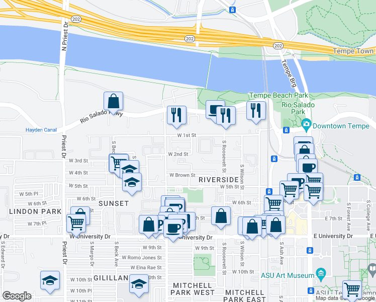 map of restaurants, bars, coffee shops, grocery stores, and more near 818 West 3rd Street in Tempe