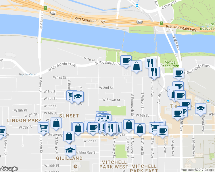 map of restaurants, bars, coffee shops, grocery stores, and more near 818 West 3rd Street in Tempe