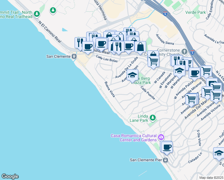 map of restaurants, bars, coffee shops, grocery stores, and more near 1102 Buena Vista in San Clemente