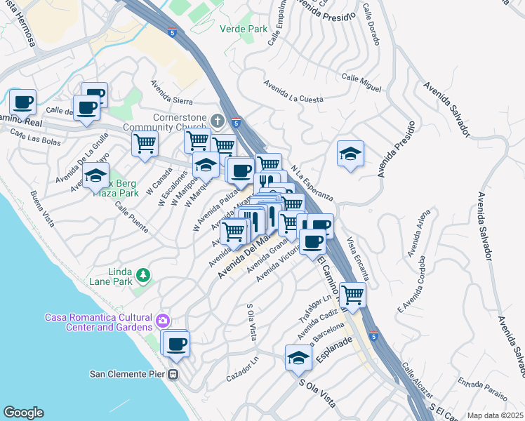 map of restaurants, bars, coffee shops, grocery stores, and more near 115 Avenida Serra in San Clemente