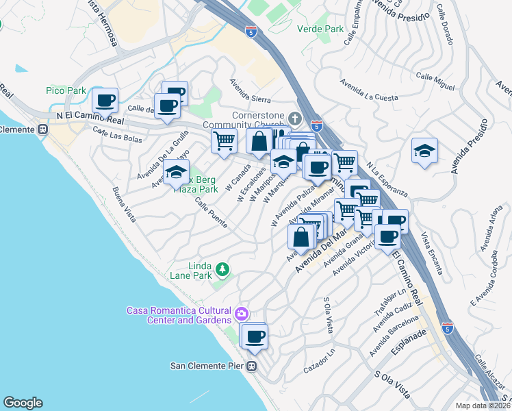 map of restaurants, bars, coffee shops, grocery stores, and more near 139 West Mariposa in San Clemente
