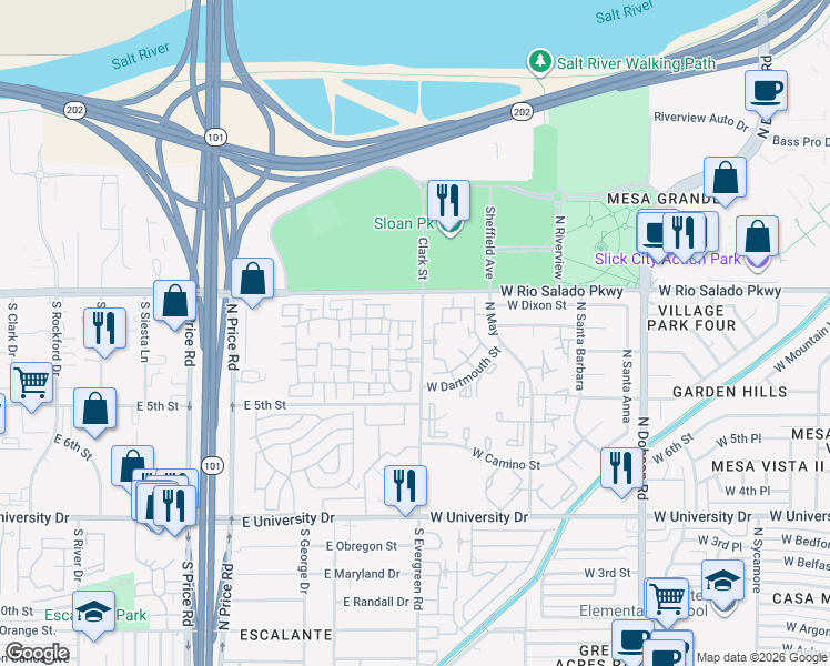 map of restaurants, bars, coffee shops, grocery stores, and more near 280 South Evergreen Road in Tempe