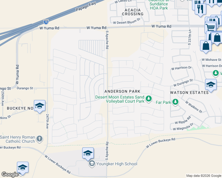 map of restaurants, bars, coffee shops, grocery stores, and more near 2000 South Apache Road in Buckeye