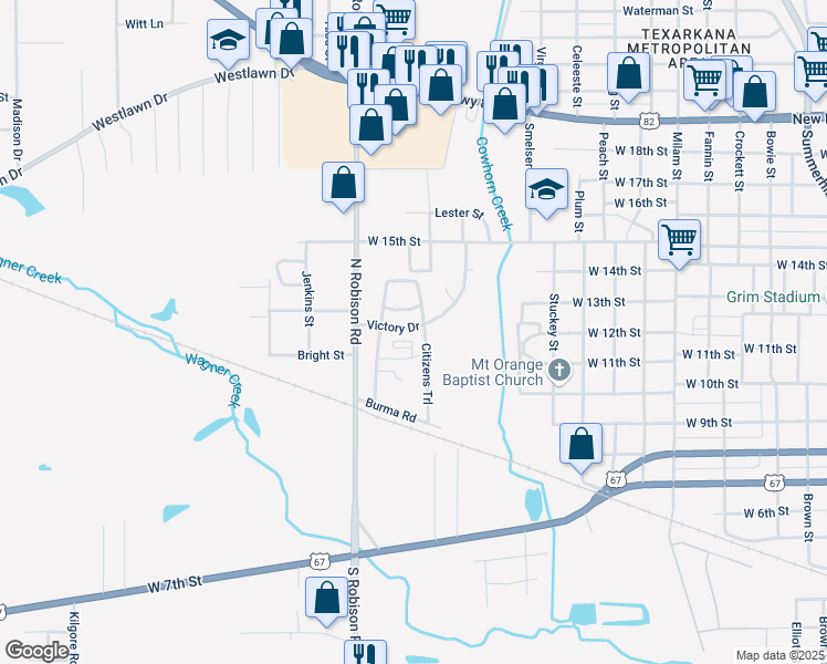 map of restaurants, bars, coffee shops, grocery stores, and more near 2 Victory Drive in Texarkana