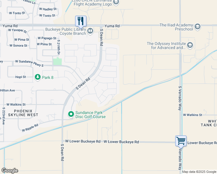 map of restaurants, bars, coffee shops, grocery stores, and more near 21605 West Hilton Avenue in Buckeye