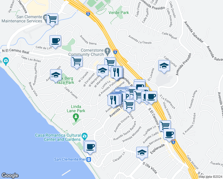 map of restaurants, bars, coffee shops, grocery stores, and more near 162 Avenida Miramar in San Clemente