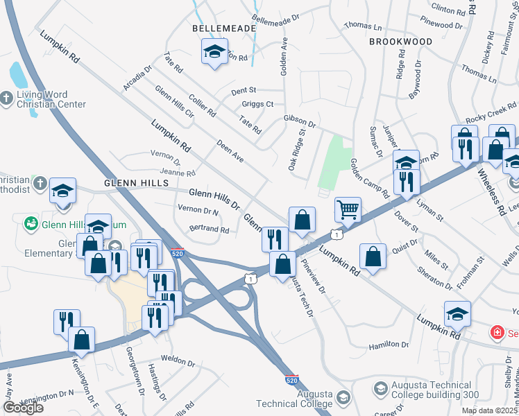 map of restaurants, bars, coffee shops, grocery stores, and more near 2616 Lumpkin Road in Augusta
